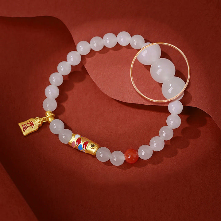 Pulsera de plata de ley 925 con Buddha Stones , jade blanco hetiano, ágata roja, pez Koi, suerte y felicidad