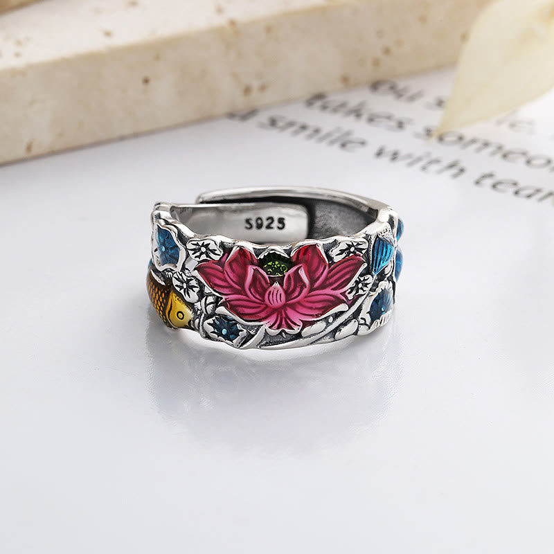 Anillo de prosperidad de flor de loto con pez koi de plata de ley 925 con Buddha Stones