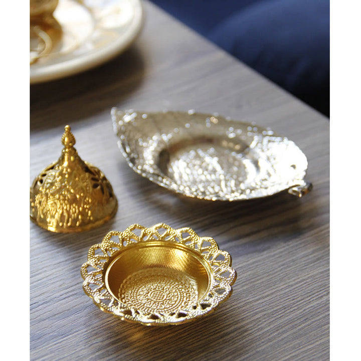 Quemador de incienso de meditación con posavasos de mini hojas de oro tibetano