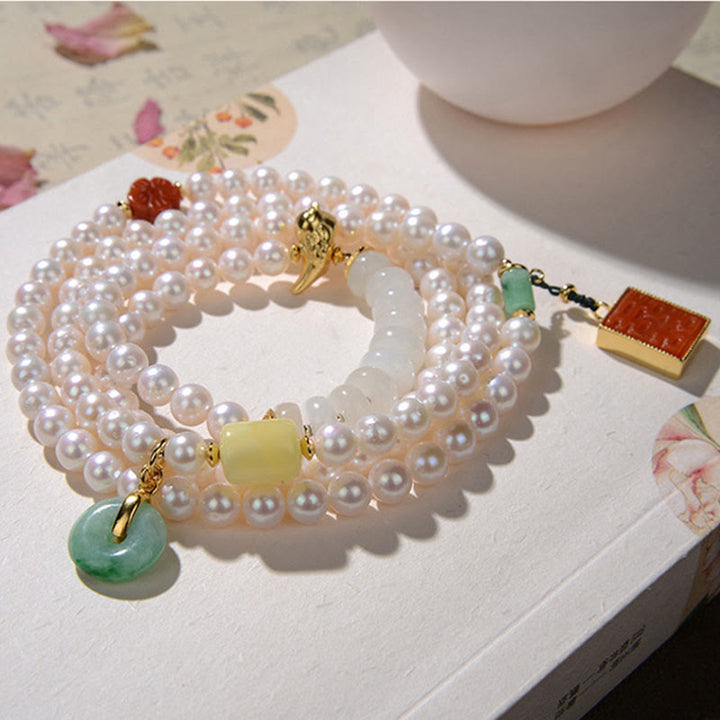 Buddha Stones, Plata de Ley 925, Perla, Jade Hetian, ágata roja, doble felicidad, ámbar, suerte, pulsera cuádruple
