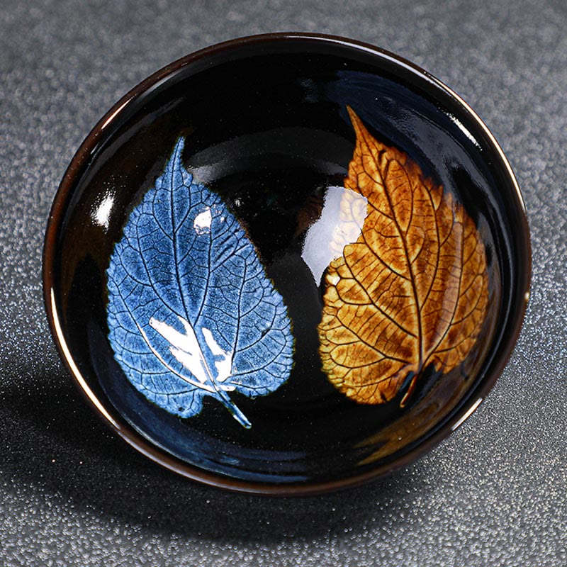 Buddha Stones, hoja de arce dorada, taza de té de cerámica china Jianzhan, tazón de taza de té Tenmoku Kung Fu