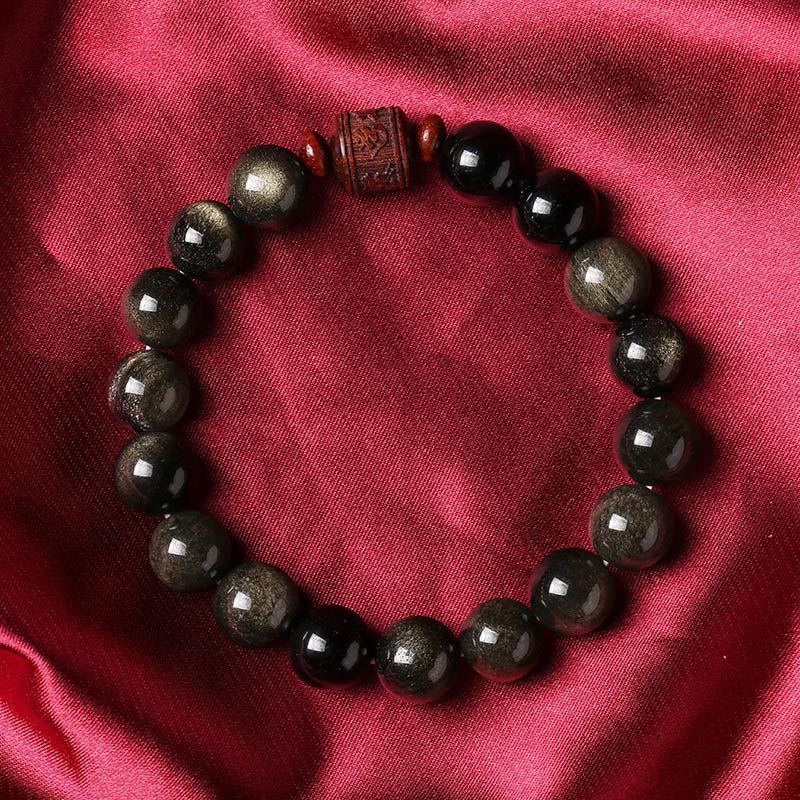 Pulsera curativa con carácter de obsidiana arcoíris de obsidiana con brillo de oro natural con Buddha Stones Om Mani Padme Hum Fu