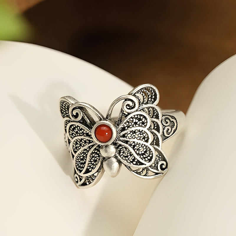 Juego de pendientes de anillo de autoaceptación de mariposa de ágata roja de plata de ley 925 con Buddha Stones