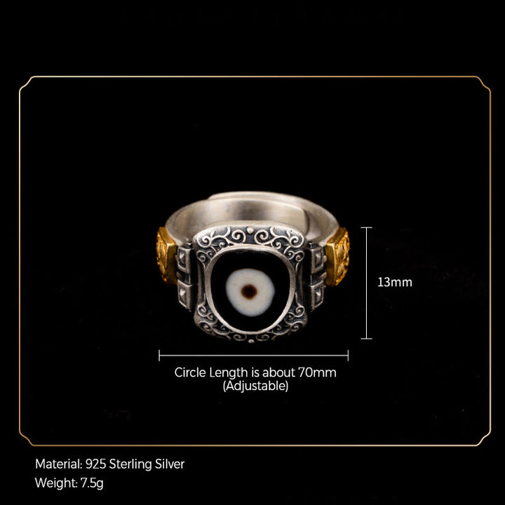 Anillo de protección de cuentas Dzi con diseño de diosa de la riqueza Zakiram de plata de ley 925 con Buddha Stones