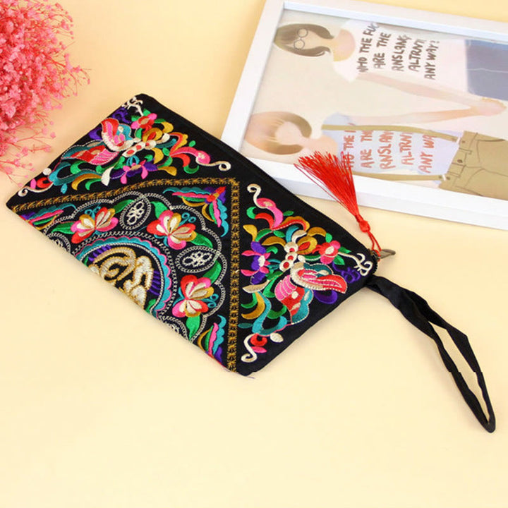 Cartera de compras con bordado de flores de Buddha Stones, dragón, mariposa, cosmos