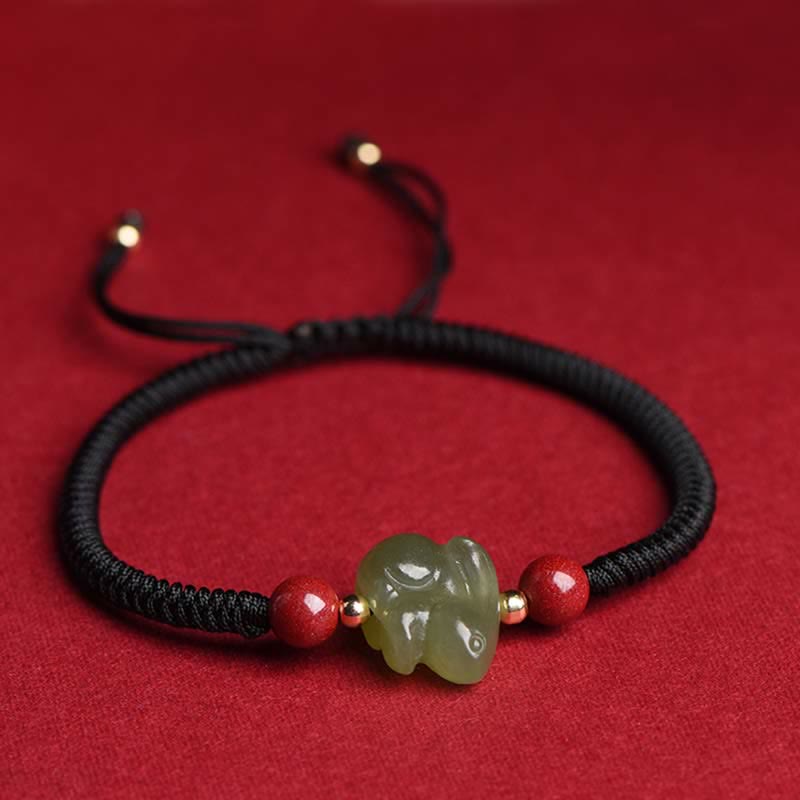Año del Conejo Hetian Jade Bunny Cinabrio Con Cuentas Pulsera de Hilo de Abundancia