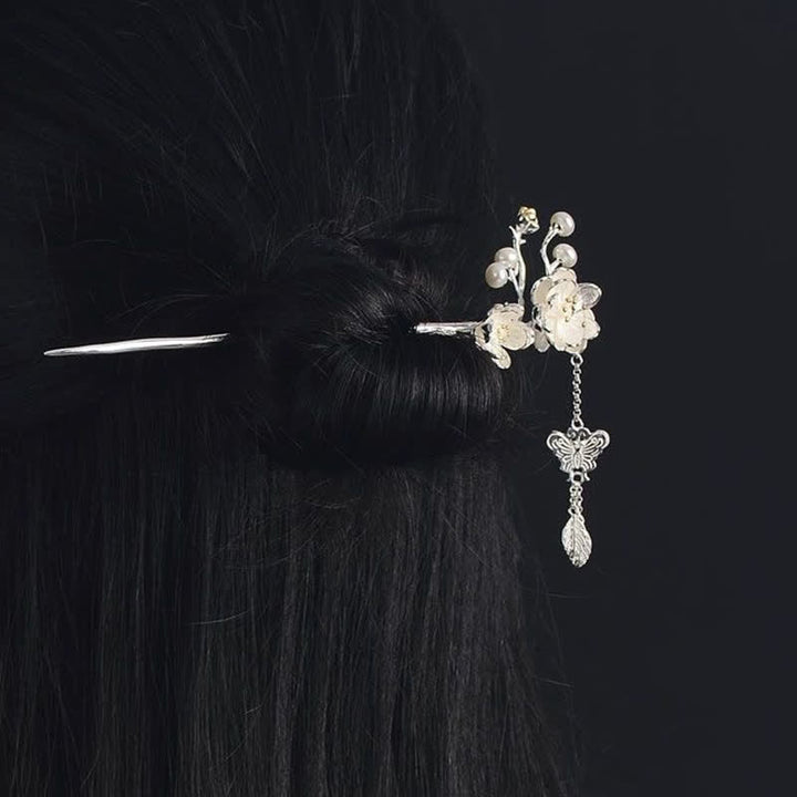 Horquilla con borlas de libertad y amor de mariposa, flor de ciruelo