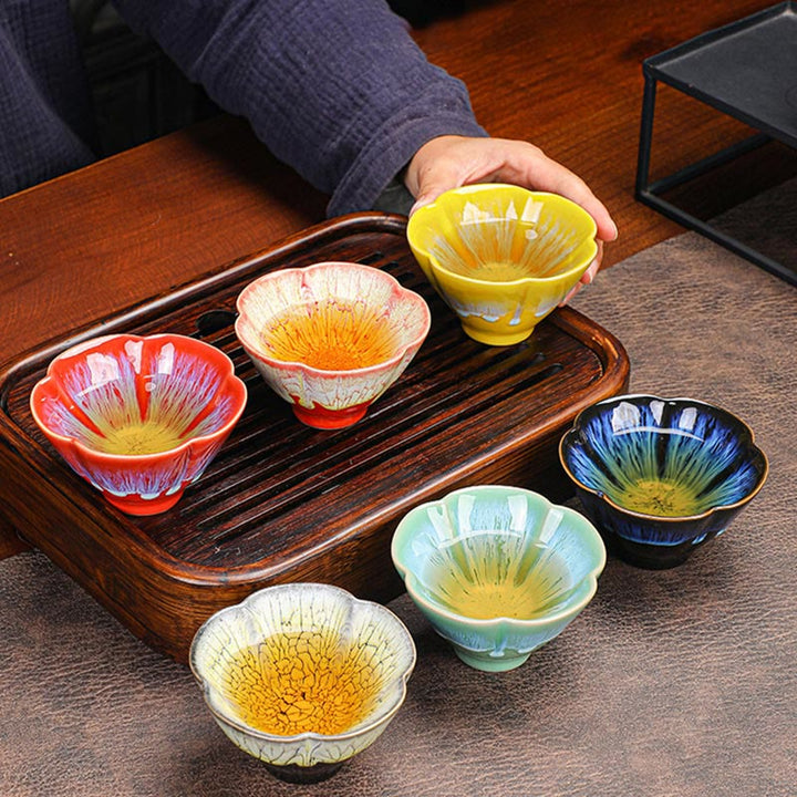 Buddha Stones, 6 uds., patrón de pétalos de flor de ciruelo, horno chino Jianzhan, cambio de taza de té de cerámica, tazón de té de Kung Fu con caja de regalo