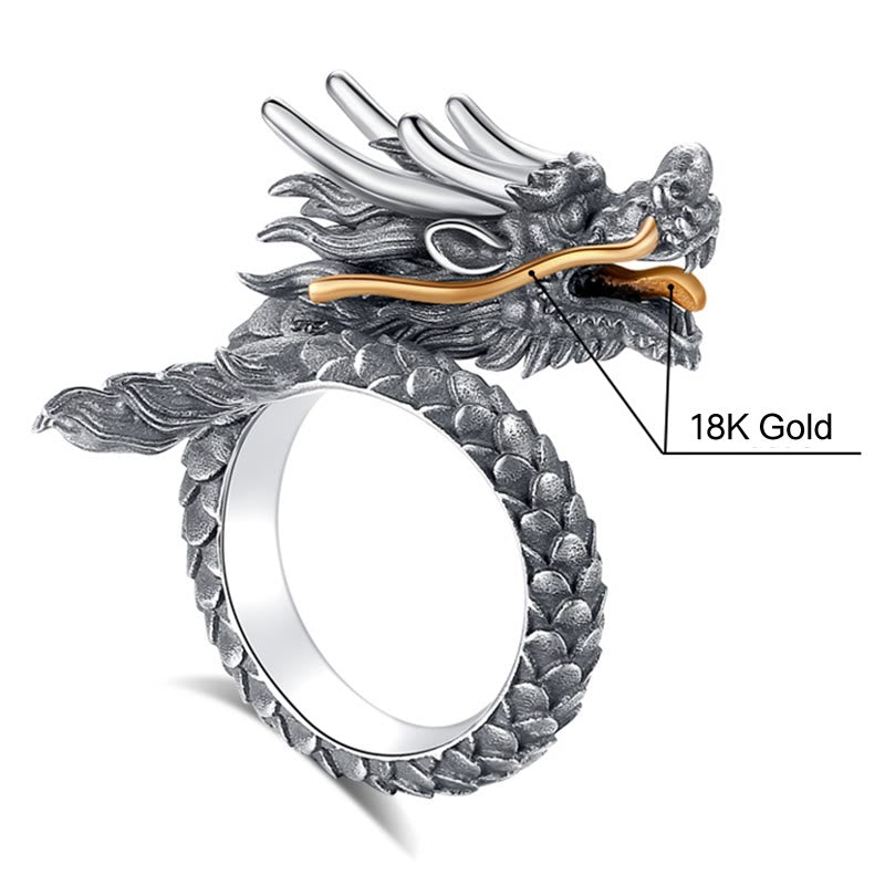 Anillo ajustable de fuerza de protección con diseño de dragón vintage de plata de ley 925 con Buddha Stones