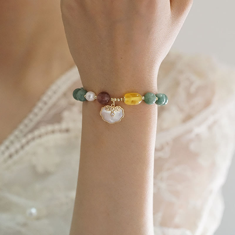Pulsera de la suerte con cierre Ruyi de concha de mar de Jade y Buddha Stones