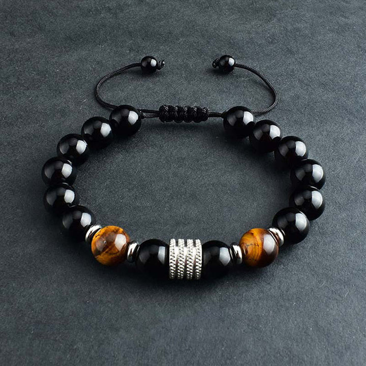 Pulsera de cumplimiento de fuerza de ojo de tigre de obsidiana negra natural con Buddha Stones