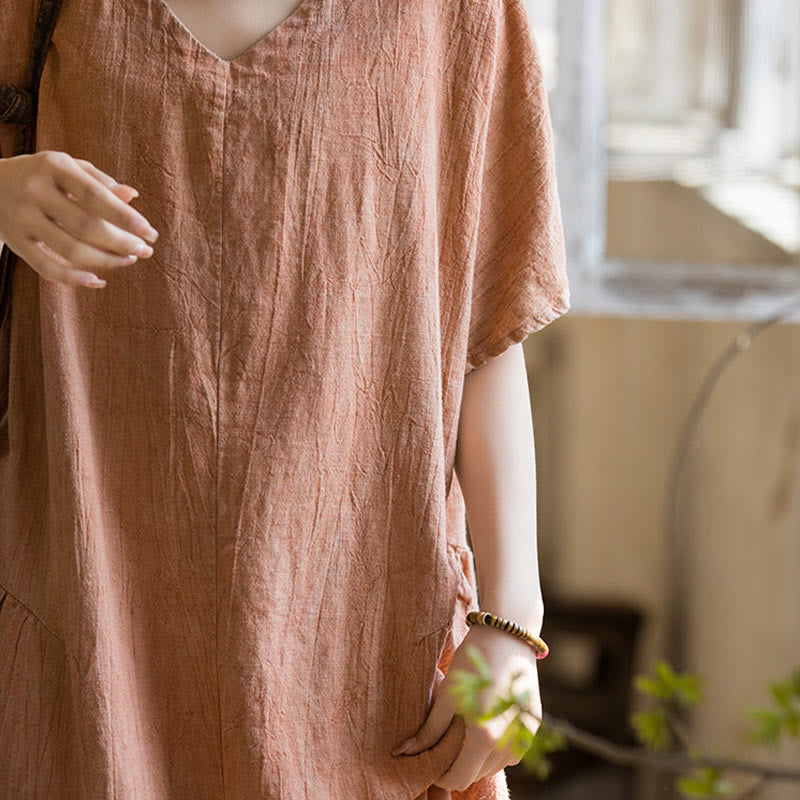 Vestido midi con cuello en V y teñido anudado hecho a mano con Buddha Stones Vestido de manga corta de lino