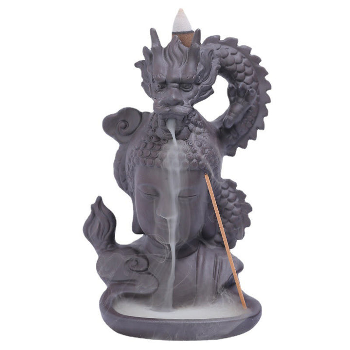 Buddha Stones, dragón, Buda, nubes propicias, arcilla púrpura, decoración de quemador de incienso curativo