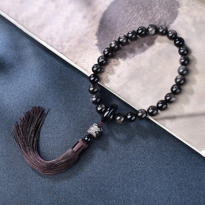 Plata Natural brillo obsidiana León muñeca Mala protección borlas bolsillo Mala decoración del coche