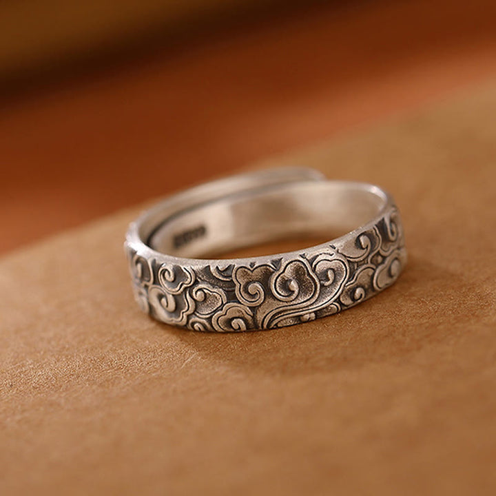 Anillo de iluminación grabado con Buddha Stones de plata de ley 999, flor de loto, flor de ciruelo, nubes auspiciosas