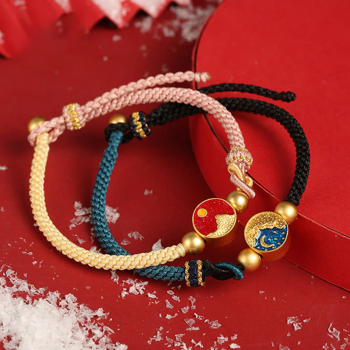 Pulsera de pareja de cuerdas de dos colores con Buddha Stones hechas a mano con grabado de montaña y mar de la suerte