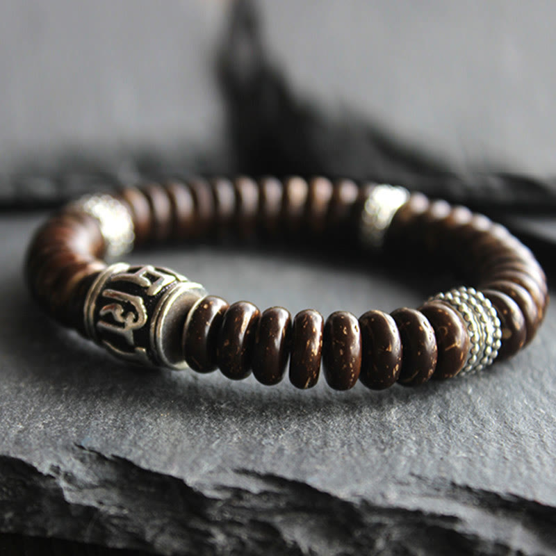 Pulsera positiva Om Mani Padme Hum de concha de coco tibetano natural con Buddha Stones