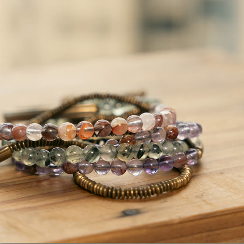 Buddha Stones Púrpura Fantasma Rojo Cuarzo Hematoide Verde Cuarzo Rutilado Cobre Amor Perdón Pulsera