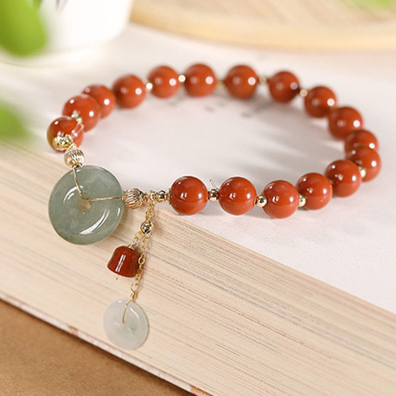 Pulsera de confianza con forma de calabaza y monedas de cobre con hebilla de paz y ágata roja de jade rellena de oro de 14 quilates con Buddha Stones