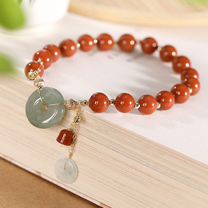 Pulsera de confianza con forma de calabaza y monedas de cobre con hebilla de paz y ágata roja de jade rellena de oro de 14 quilates con Buddha Stones