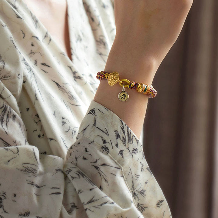 Pulsera de cuerda trenzada con campana de la suerte, Om Mani Padme Hum, Buda natal del zodíaco chino, Plata de Ley 925 con Buddha Stones