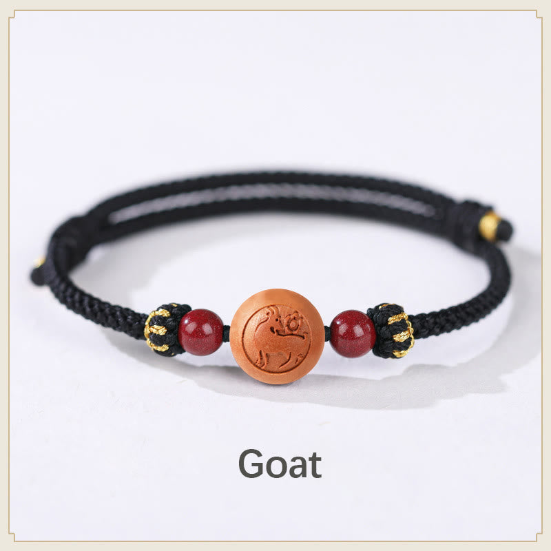 Pulsera de riqueza de cinabrio tallada con carácter del zodíaco chino, madera de melocotón Natural, Buddha Stones