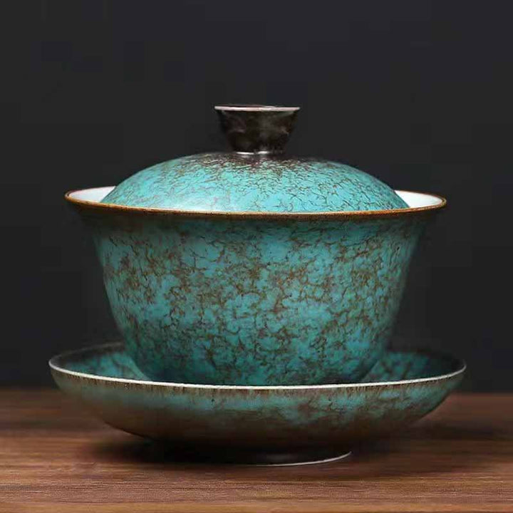 Taza de té y platillo con tapa, Gaiwan Sancai de cerámica verde, pino tradicional, Buddha Stones , Kung Fu
