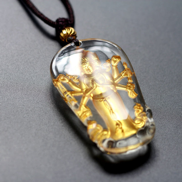 Buddha Stones tibetano de ocho brazos Avalokitesvara Guanyin Buda chapado en oro Liuli cristal colgante de collar de riqueza
