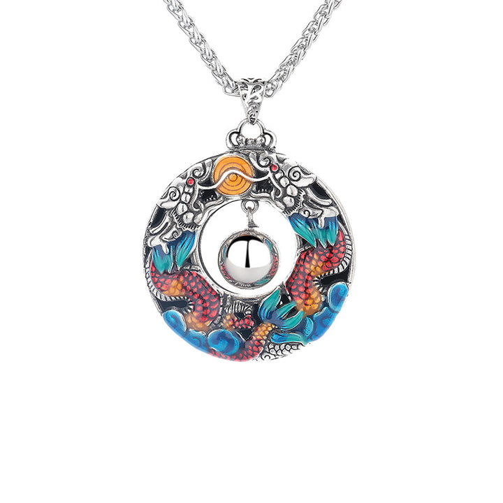 Colgante de collar de protección de cobre con cuentas de juego de dragones dobles coloridos del Año del Dragón de Buddha Stones
