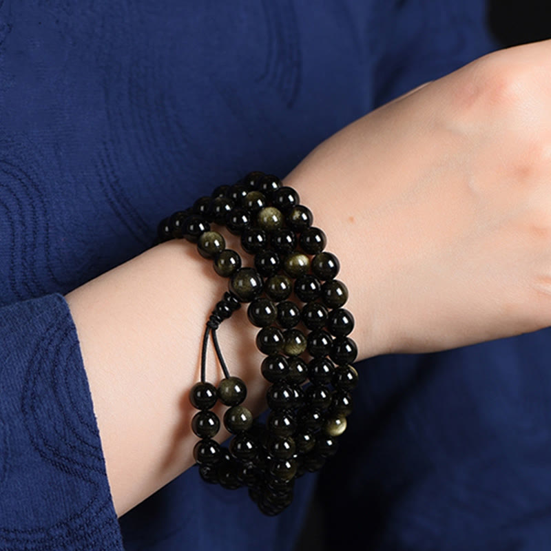 Pulsera de riqueza de obsidiana con brillo de oro natural, cuentas de Mala, 108 Buddha Stones