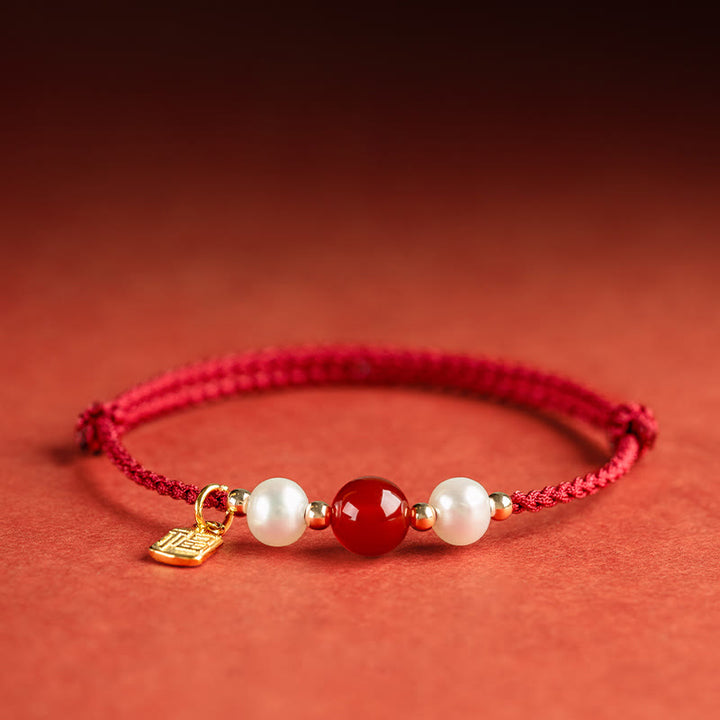 Pulsera trenzada de hilo rojo con perlas de ágata y carácter de buena fortuna de plata de ley 925 con Buddha Stones