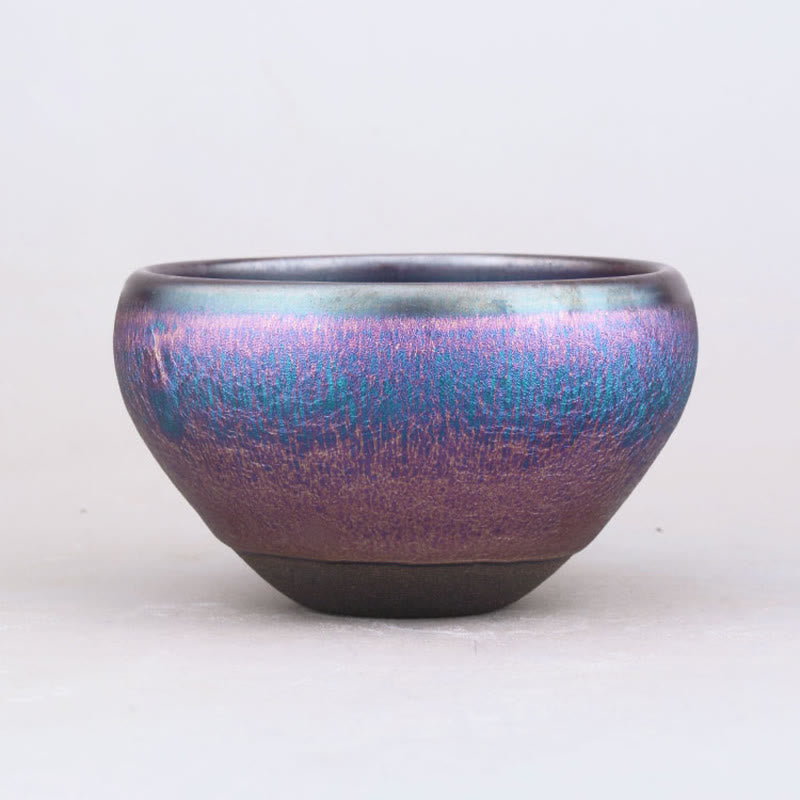 Taza de té de cerámica Jianzhan chino con diseño de arcoíris Aurora hecha a mano con Buddha Stones , taza de té Tenmoku Kung Fu