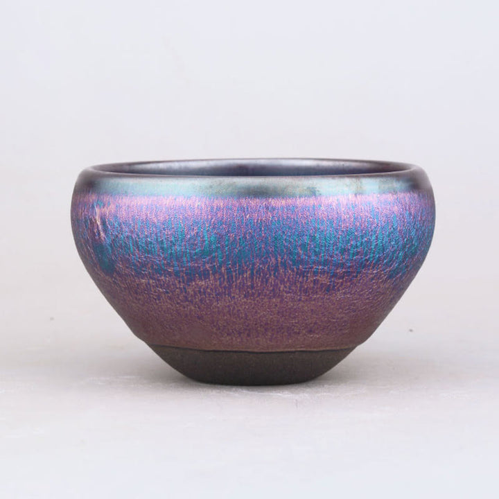 Taza de té de cerámica Jianzhan chino con diseño de arcoíris Aurora hecha a mano con Buddha Stones , taza de té Tenmoku Kung Fu