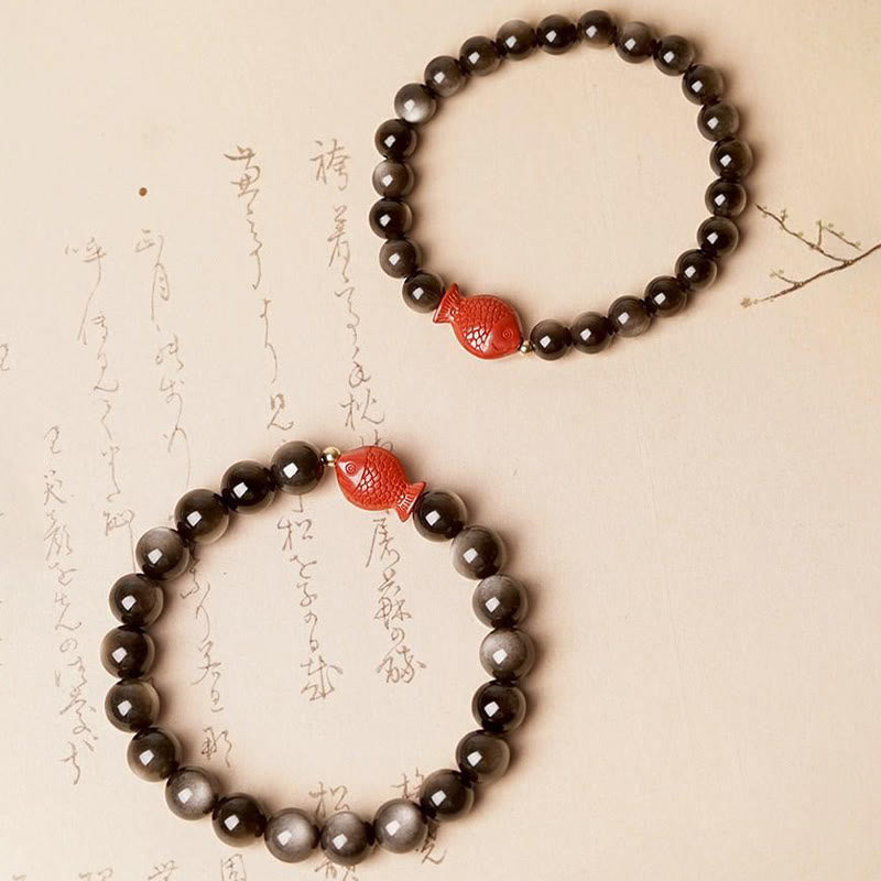Pulsera de protección calmante con Buddha Stones , obsidiana con brillo de plata natural, cinabrio, pez Koi