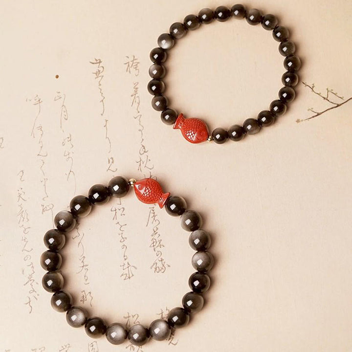 Pulsera de protección calmante con Buddha Stones , obsidiana con brillo de plata natural, cinabrio, pez Koi