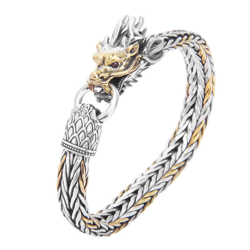 Pulsera de diseño trenzado de metal con protección de dragón auspicioso del año del dragón de plata de ley 925 con Buddha Stones