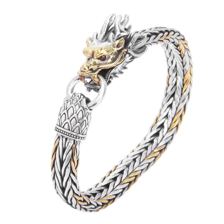 Pulsera de diseño trenzado de metal con protección de dragón auspicioso del año del dragón de plata de ley 925 con Buddha Stones