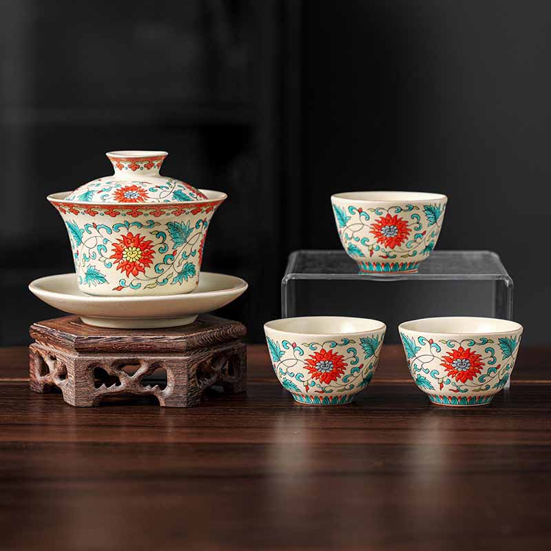 Buddha Stones, un panorama de ríos y montañas, flores, taza de té de cerámica Gaiwan Sancai, taza de té de Kung Fu y platillo con tapa