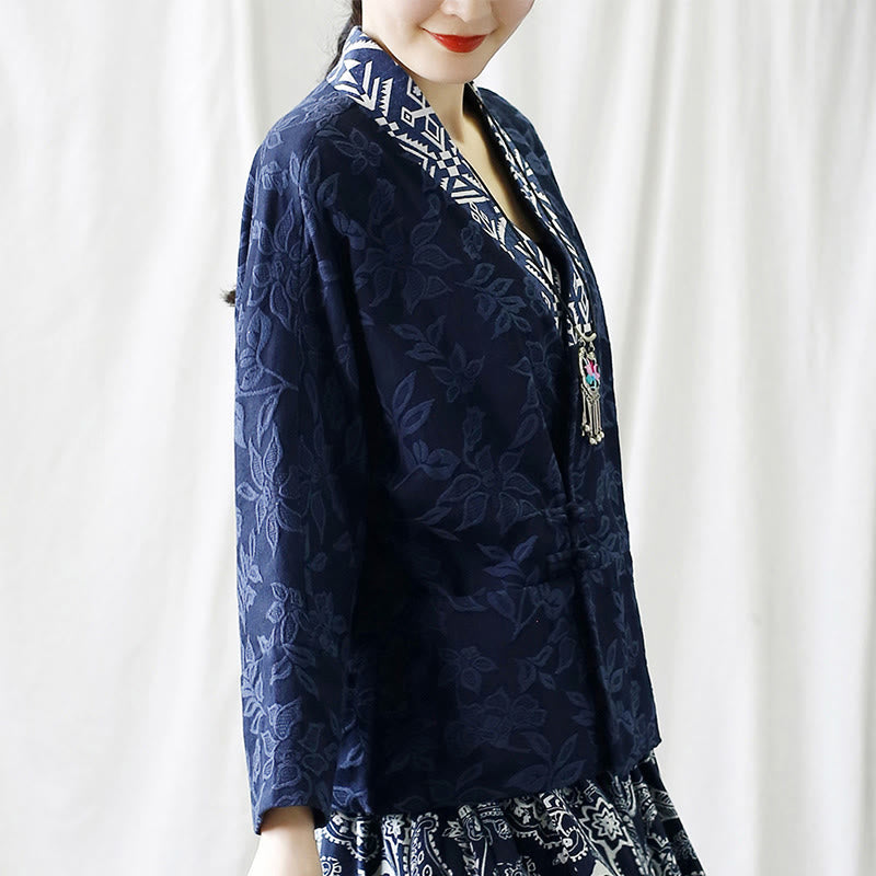 Chaqueta de manga larga con cuello en V y jacquard floral con Buddha Stones