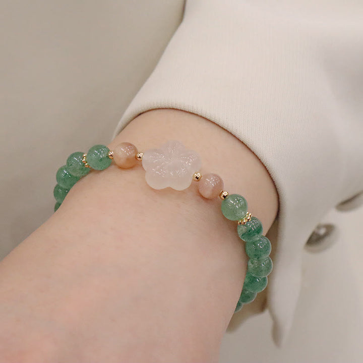 Pulsera de gratitud con flores de calcedonia, cuarzo, fresa, verde natural , Buddha Stones