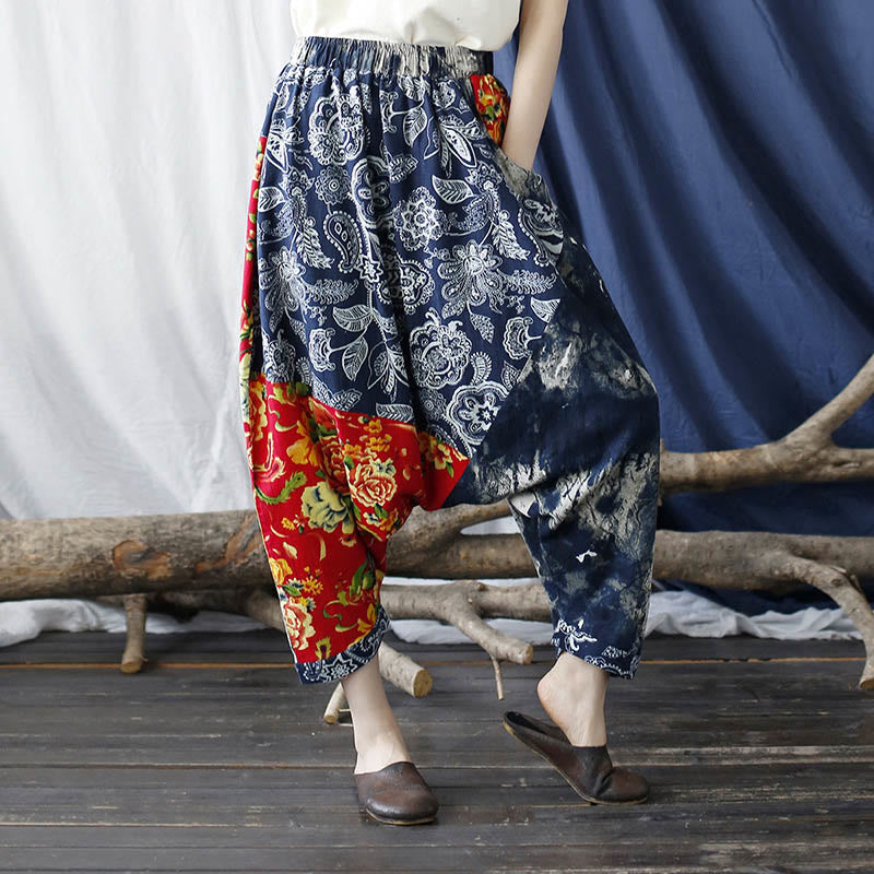 Pantalones bombachos de lino y algodón con retazos de flores de peonía azul y rojo con Buddha Stones y bolsillos