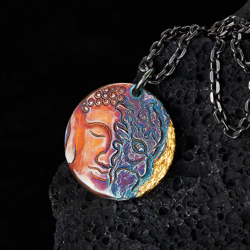 Collar con colgante de plata de ley 999 con Buddha Stones , oro de 24 quilates, mitad demonio, mitad Buda - Plata de ley 999 - image 1