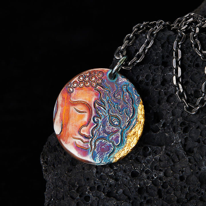 Collar con colgante de plata de ley 999 con Buddha Stones , oro de 24 quilates, mitad demonio, mitad Buda - Plata de ley 999 - image 1