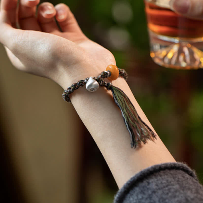 Pulsera de protección de deseos de peso de acero de ámbar hecho a mano tibetana de plata de ley 990