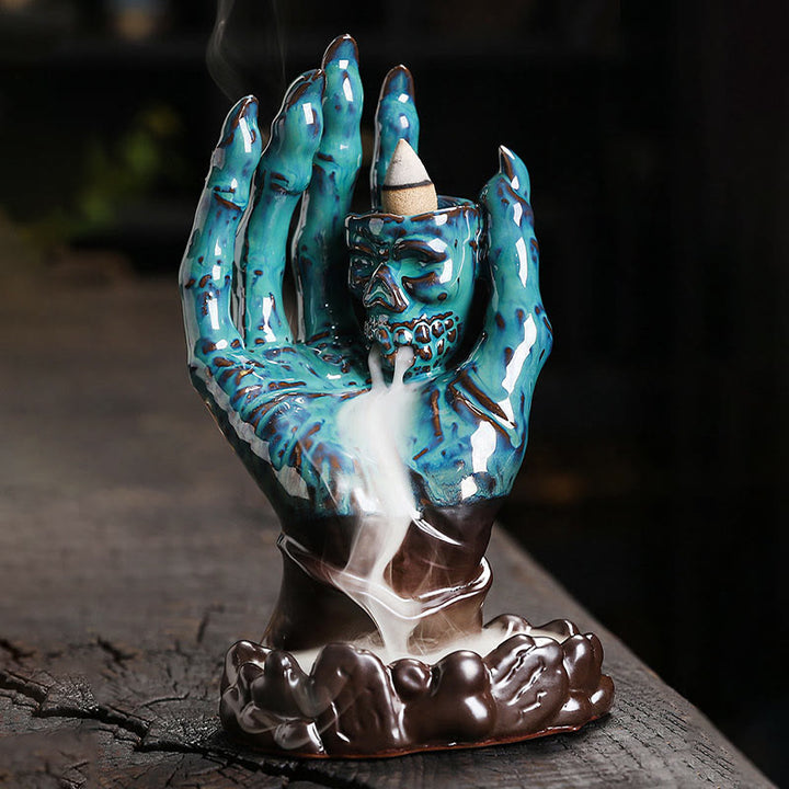 Quemador de incienso curativo de cerámica con cabeza de calavera y mano fantasma de Halloween , Buddha Stones, decoración