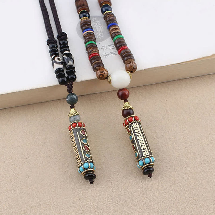 Buddha Stones tibetano Om Mani Padme Hum Dzi cuentas wengué collar de madera colgante - image 1