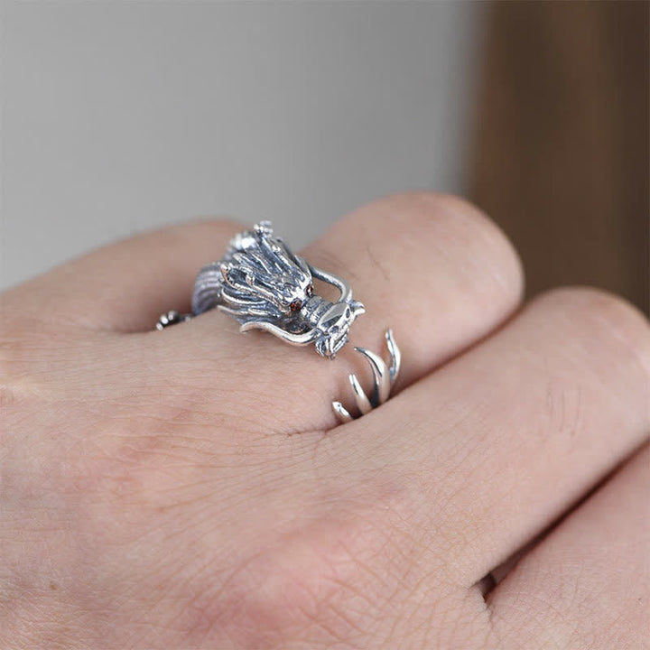 Anillo de protección de la suerte del dragón de plata de ley 925