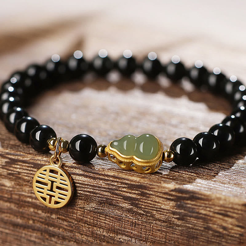 Pulsera de fuerza de doble felicidad con calabaza de jade hetiano de obsidiana negra natural