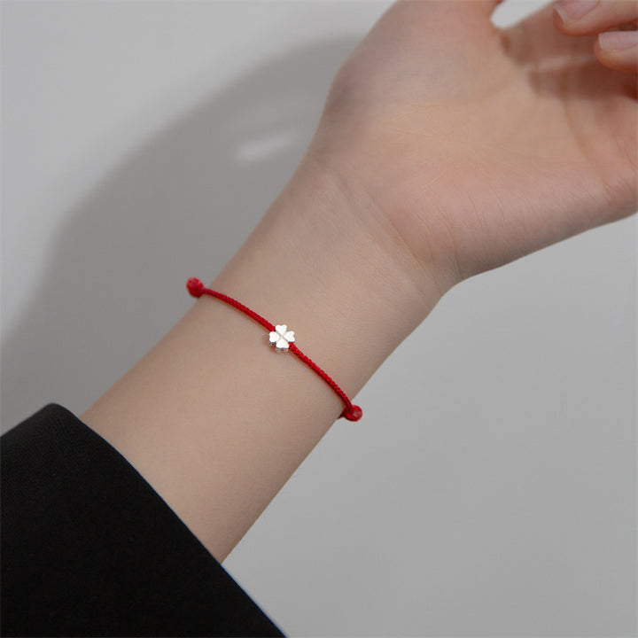 Pulsera de cuerda roja con trébol de cuatro hojas de plata de ley 925 con Buddha Stones