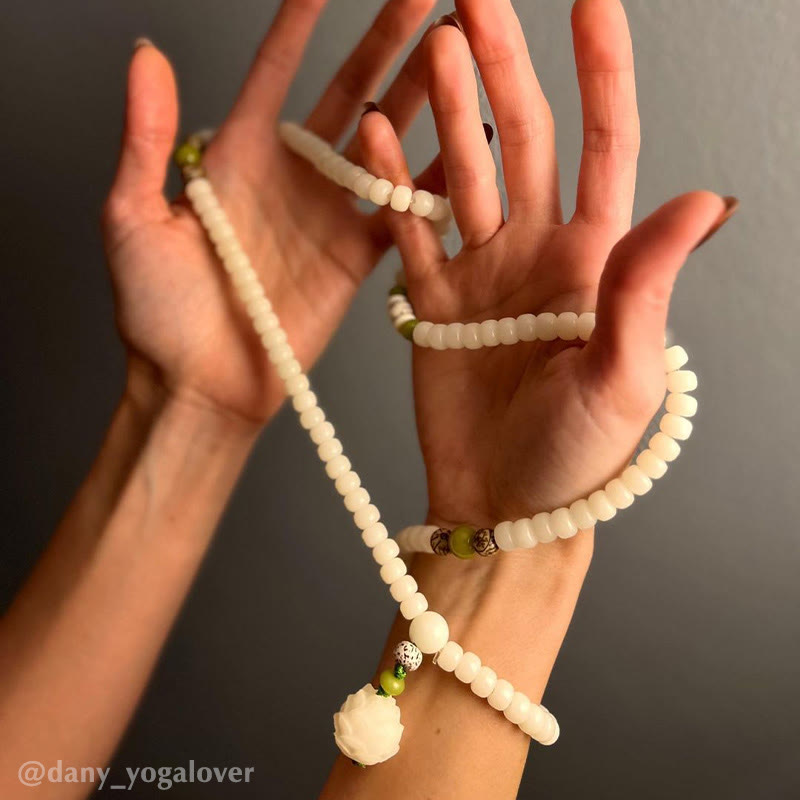 Buddha Stones Jade Blanco Bodhi Lotus Mala Armonía Collar Pulsera